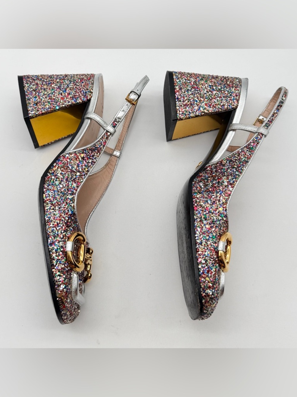 Gucci Baby Horsebit Multicolor Glittered Leather Slingback Block Heel Pumps EU38 - Picture 4 of 14